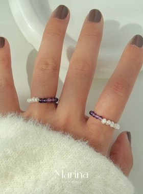 【奶油葡萄】紫水晶天然淡水珍珠串珠弹力绳戒指食指戒天然石女