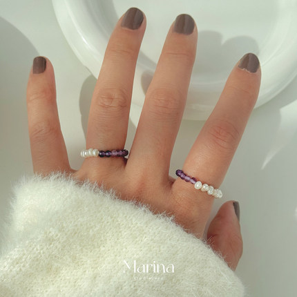 【奶油葡萄】紫水晶天然淡水珍珠串珠弹力绳戒指食指戒天然石女