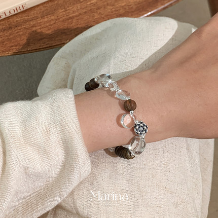 中式老钱风 小众天然沉香木檀手串手工串珠白水晶手链s925纯银女