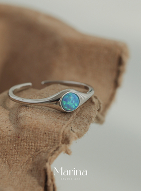 【深蓝海域】天然欧泊开口戒指通体s925纯银极简戒指冷淡风女