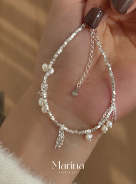 通体s925纯银碎银手链【甜心奶泡】天然淡水珍珠小众高级感链条女