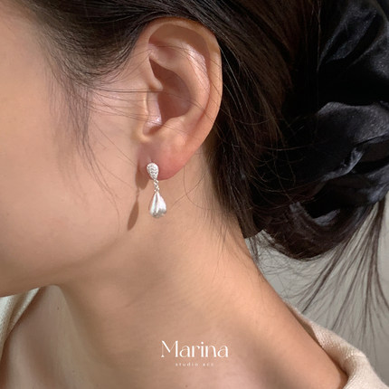 中古冷淡风 通体s925纯银中古拉丝实心水滴耳钉小众设计感锆石