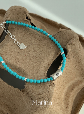 【蓝色冰岛】小众设计款绿松石串珠手工手串复古925纯银叠戴细款