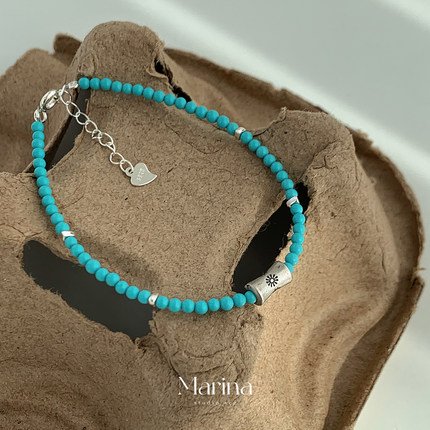 【蓝色冰岛】小众设计款绿松石串珠手工手串复古925纯银叠戴细款