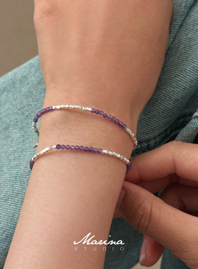 ins小众紫水晶碎银子精致小手链 天然石串珠手串通体s925纯银女