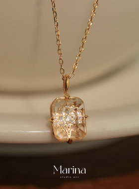 超bling天然星芒白水晶吊坠方糖项链 通体s925纯银镀金锁骨链颈链