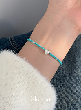 自制小众设计款绿松石爱心手工串珠手链手串配件均为925银女