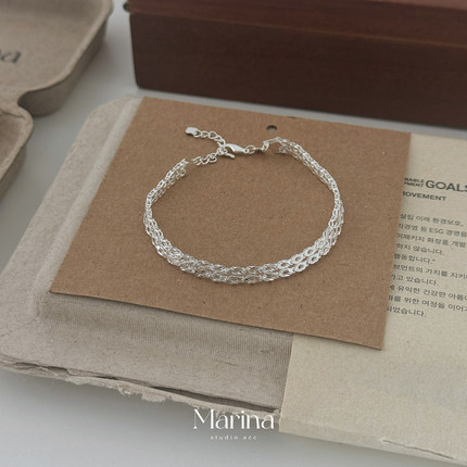 通体足银s999编织蕾丝双排手链 小众设计简约时髦几何韩版女素链