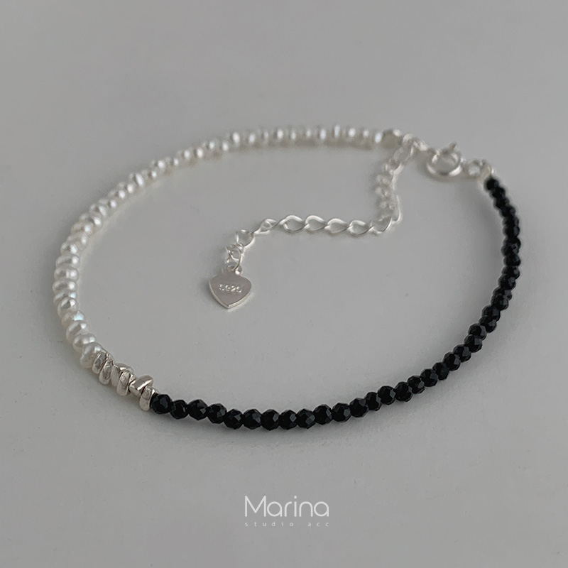 黑晶石碎银珍珠手链手串原创手工串珠女通体s925婚姻天然淡水珍珠