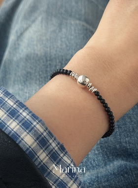 【黑酷松弛感】天然黑玛瑙通体925纯银串珠手串手链简约清冷感女