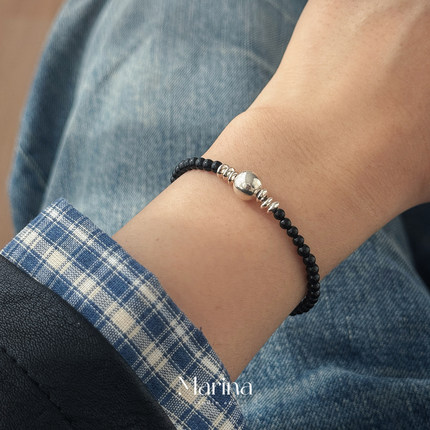 【黑酷松弛感】天然黑玛瑙通体925纯银串珠手串手链简约清冷感女