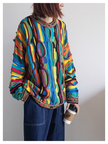 重工复古宽松苦瓜纹日系古着针织套头毛衣加厚秋冬保暖圆领