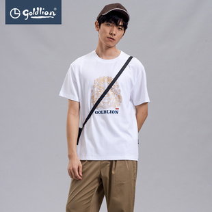 国风献钱狮印花宽松圆领T恤男装 金利来新款 t恤男时尚 短袖 衣服 男士