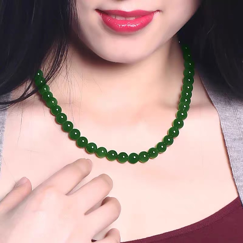 和田色玉项链碧玉项链吊坠帝王绿阳绿毛衣链子玉石圆珠女士挂件