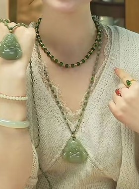 和田色玉清水绿大佛佛公吊坠织绳弥勒佛玉石项链配饰轻奢小众百搭