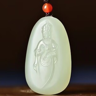 和田青白色玉观音玉吊坠手持观音观音玉石吊坠时尚百搭挂件