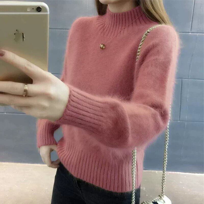 水貂绒秋冬新款半高领毛衣女洋气内搭加绒加厚保暖针织大码打底衫