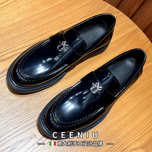 CEENIU意大利乐福鞋男亮皮商务休闲皮鞋手工真皮一脚蹬豆豆鞋厚底