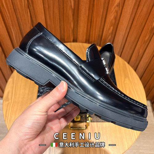 CEENIU意大利乐福鞋男亮皮商务休闲皮鞋真皮一脚蹬厚底增高豆豆鞋