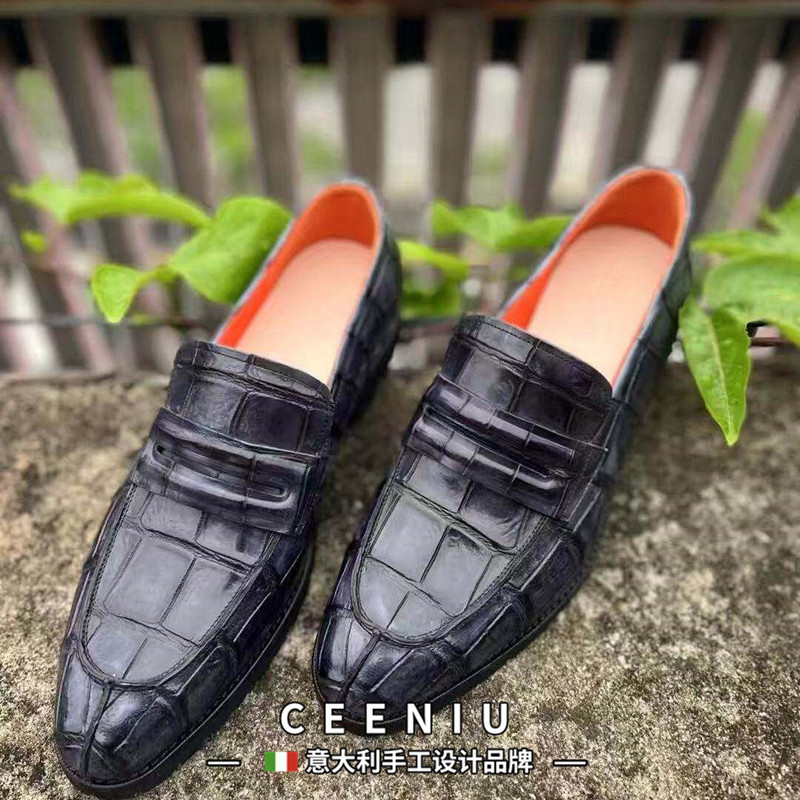 CEENIU意大利男士皮鞋真皮鳄鱼皮手工擦色套脚耐磨防滑男式男鞋子