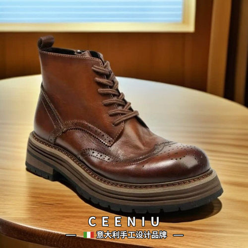 CEENIU意大利手工布洛克复古风马丁靴男士高帮英伦厚底真皮工装靴