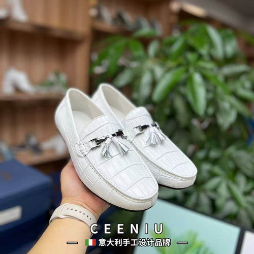 CEENIU意大利豆豆鞋男款白色鳄鱼皮男鞋轻便舒适真皮流苏套脚鞋