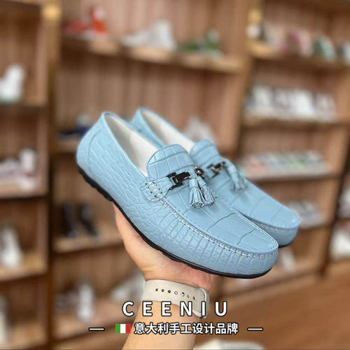 CEENIU意大利豆豆鞋男款鳄鱼皮鞋新款欧美时尚流苏套脚鞋真皮男鞋