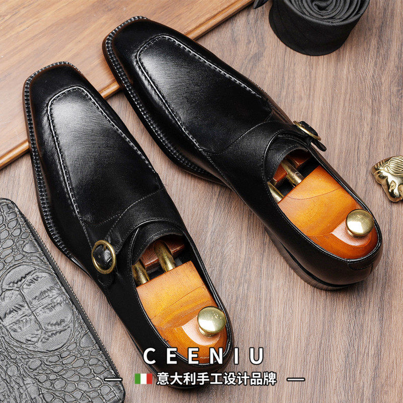 CEENIU意大利搭扣孟克皮鞋男新款英伦时尚潮流舒适商务正装绅士鞋