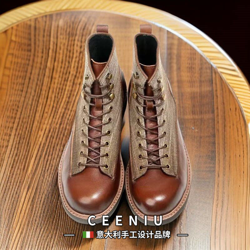 CEENIU意大利美式复古马丁靴男士高帮手工真皮男靴工装靴短脸靴