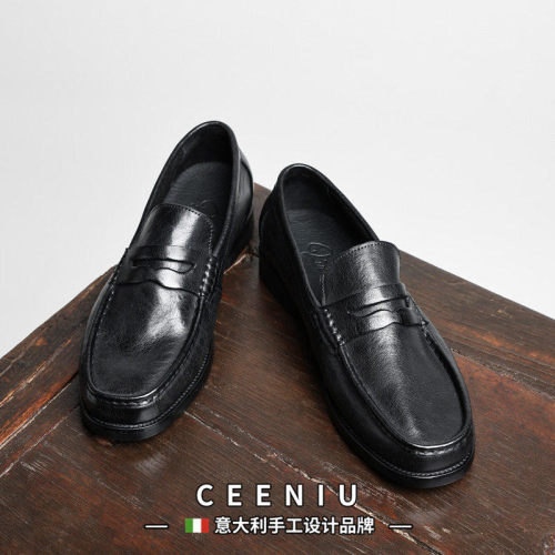 CEENIU意大利夏季复古休闲皮鞋男士乐福鞋真皮一脚蹬水洗手工男鞋