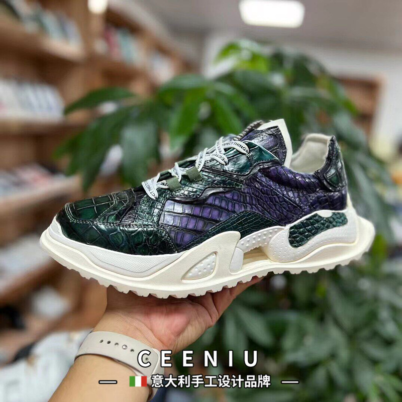 CEENIU意大利鳄鱼皮男鞋手工擦色个性拼色时尚休闲真皮老爹鞋男款