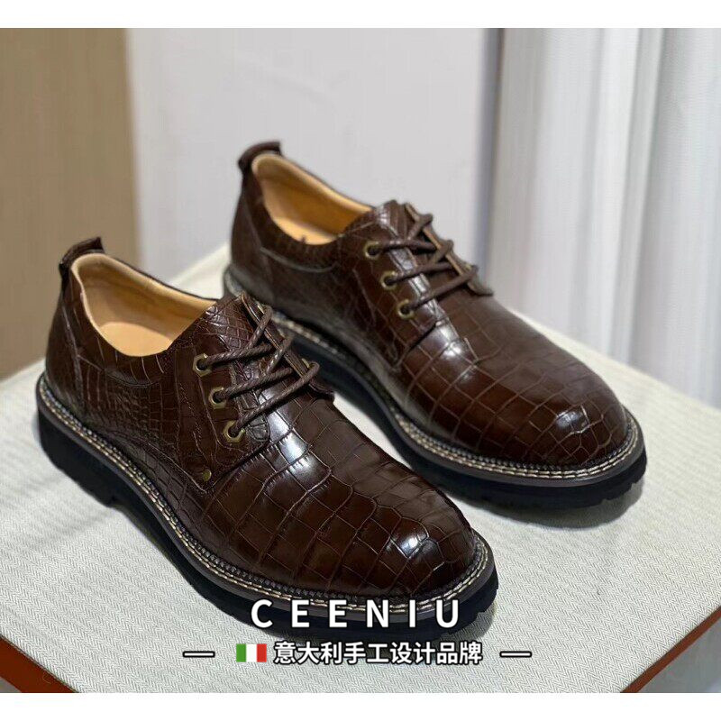 CEENIU意大利鳄鱼皮鞋咖啡时尚商务休闲百搭潮流舒适圆头真皮男鞋