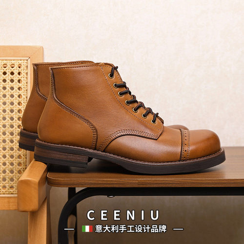 CEENIU意大利牛皮马丁靴男三接头雕花带做旧复古真皮增高工装靴