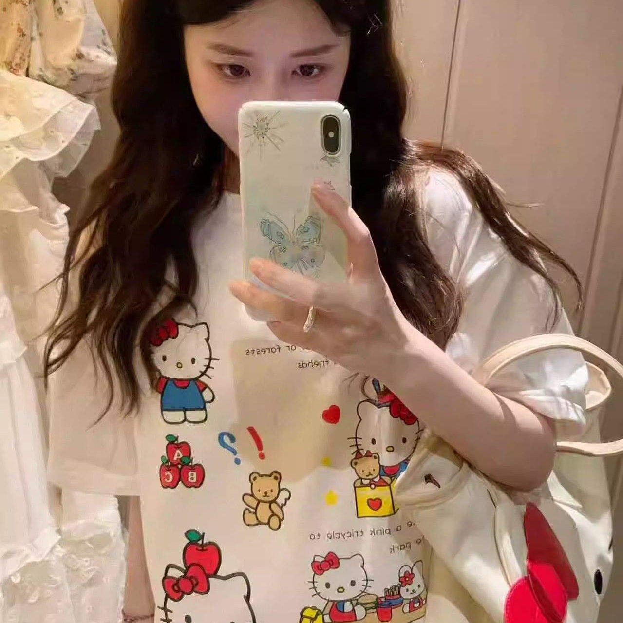 美式嘻哈甜美Kitty潮牌短袖T恤女2025夏季卡通宽松百搭白色上衣