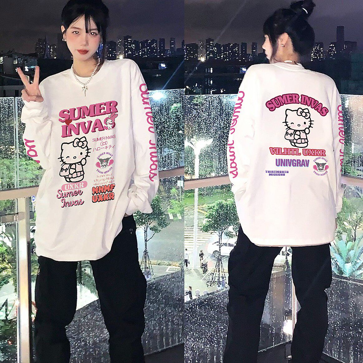 美式嘻哈甜美Kitty潮牌长袖T恤女萌系卡通宽松百搭上衣打底超火