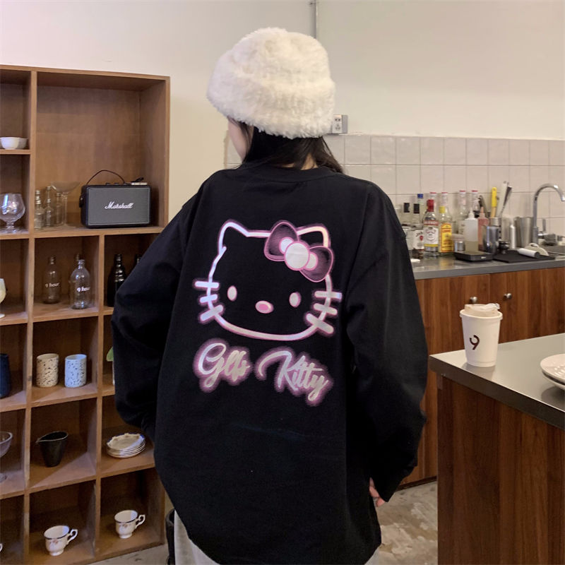 美式嘻哈甜美风变幻kitty猫长袖t恤女学生卡通百搭春秋薄款打底衫