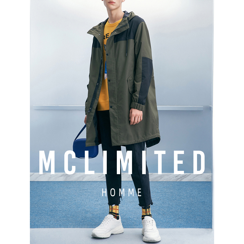 时尚拼色连帽休闲落肩男士风衣