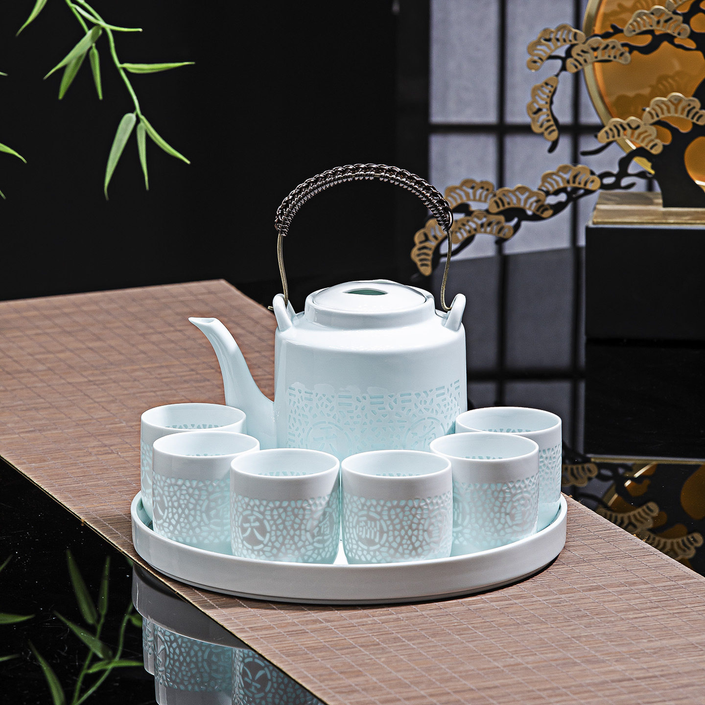 景德镇高白泥玲珑茶具套装礼品功夫茶具陶瓷水杯茶壶茶杯套装送礼