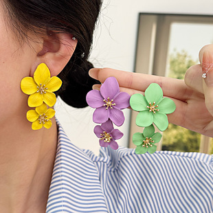 欧美新款时尚热销耳饰个性潮流多色双层花朵耳钉简约甜美耳环