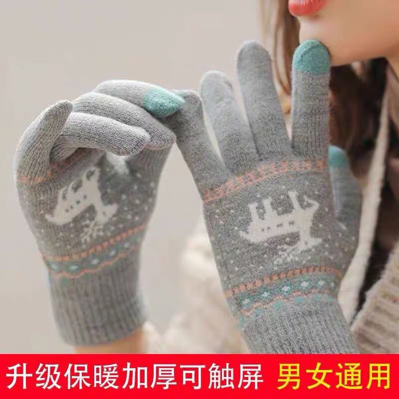 手套女冬季保暖韩版加厚双层小鹿学生防寒加绒可爱触屏全指毛线秋