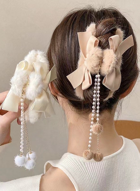 毛球流苏蝴蝶结发夹后脑勺毛绒抓夹大号毛毛发卡鲨鱼夹子秋冬头饰