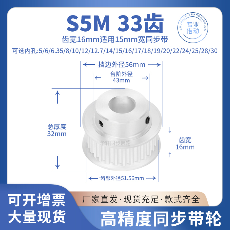 同步带轮S5M33齿宽16B内孔5 6 8 10 12 12.7 14传动皮带同步轮S5M