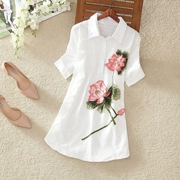 Áo cotton và vải lanh ngắn tay 2019 hè mới áo khoác gió quốc gia retro thêu cổ tròn rộng size áo trắng nữ - Áo sơ mi