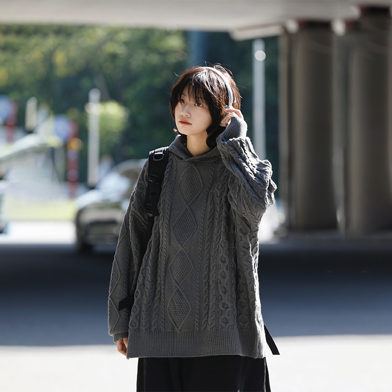 阿于呆套头麻花连帽毛衣