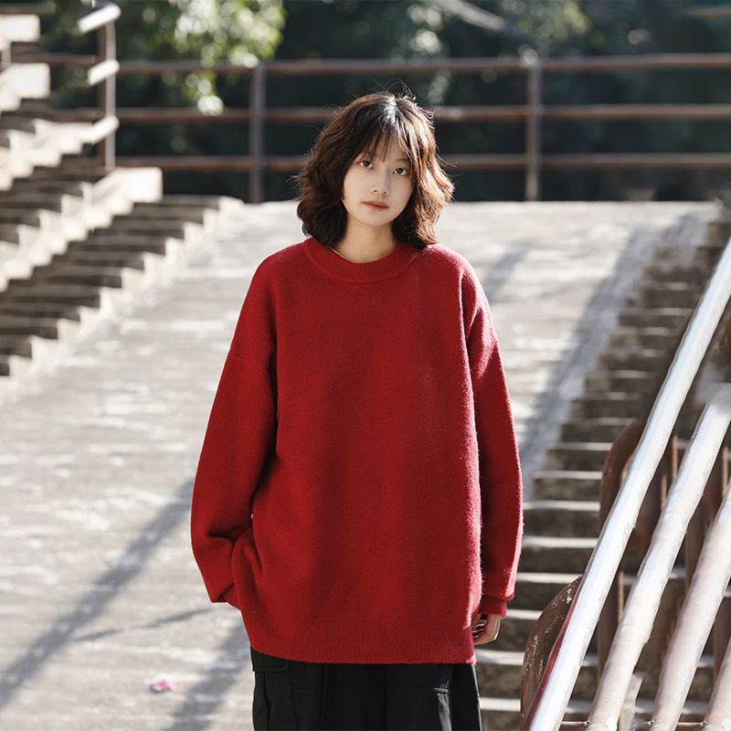 阿于呆日系新款慵懒风红色毛衣女