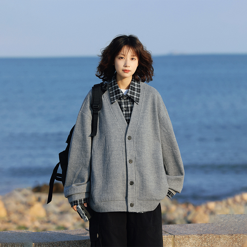 阿于呆假两件格子翻领针织衫毛衣