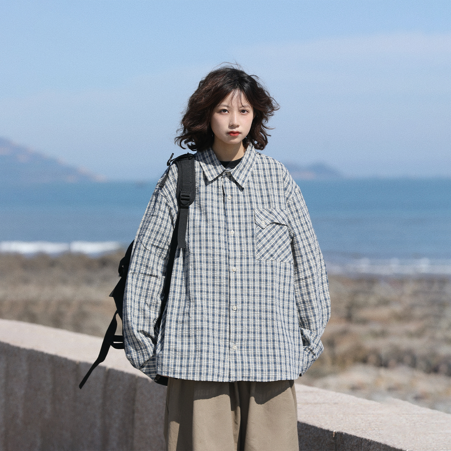 阿于呆日系复古格子长袖衬衫