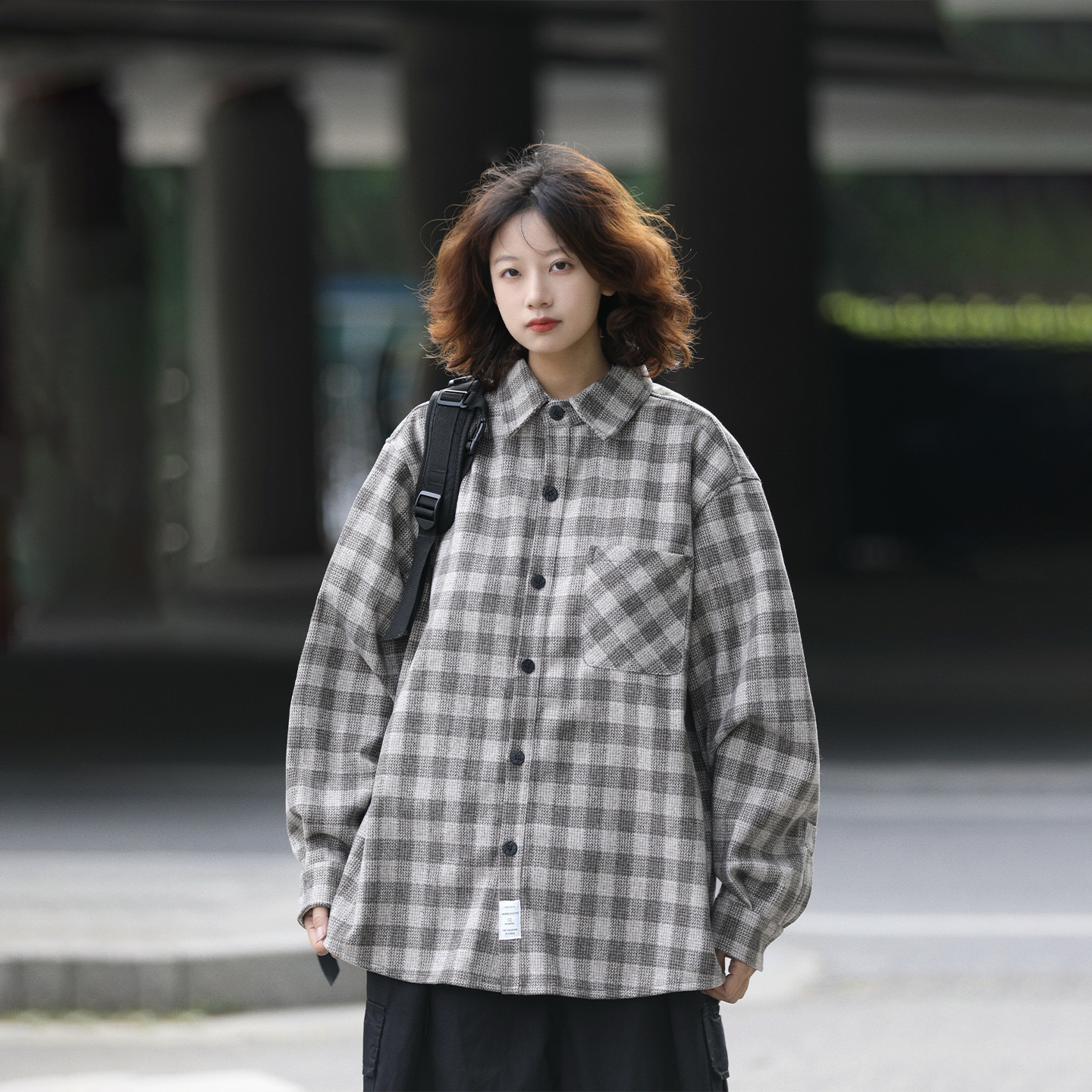 阿于呆日系格子磨毛加厚长袖衬衫