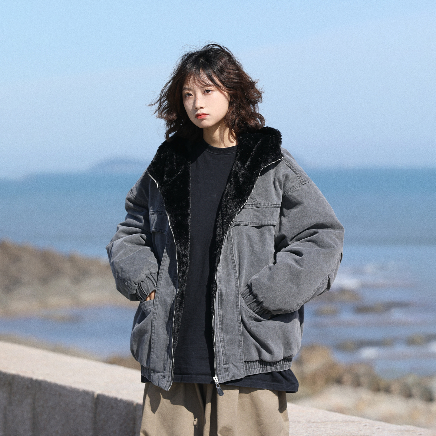 阿于呆冬季做旧加厚羊羔毛棉衣