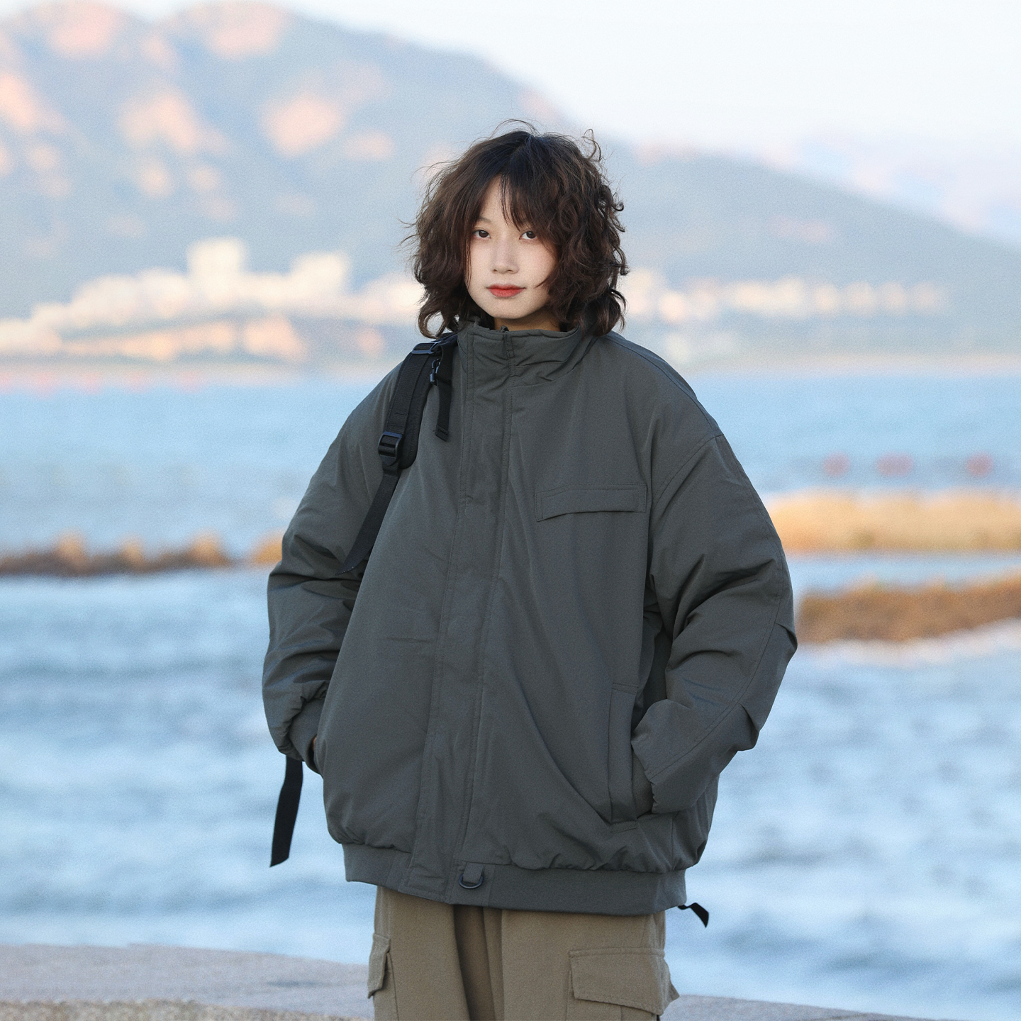 阿于呆冬季加厚工装立领棉衣